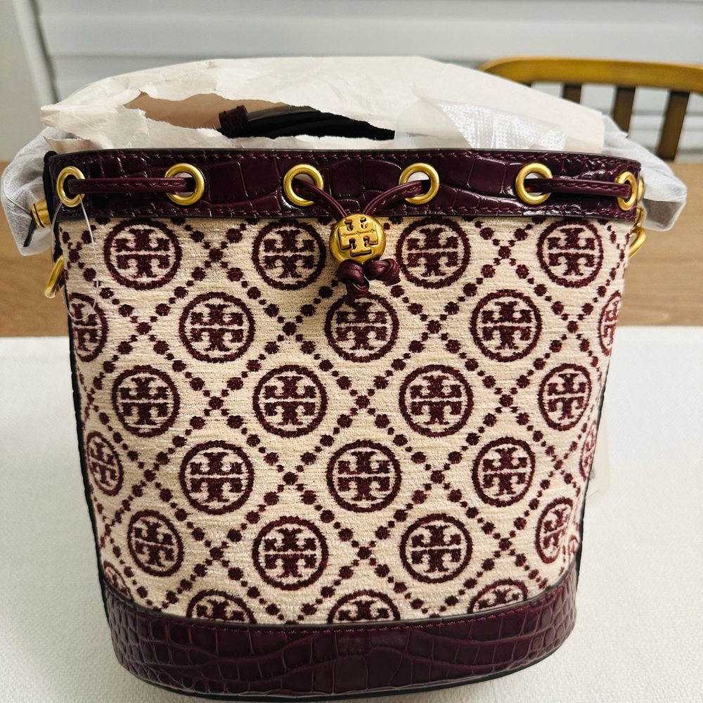 Tory Burch T Monogram Chenille Burgundy and Cream Bucket Bag